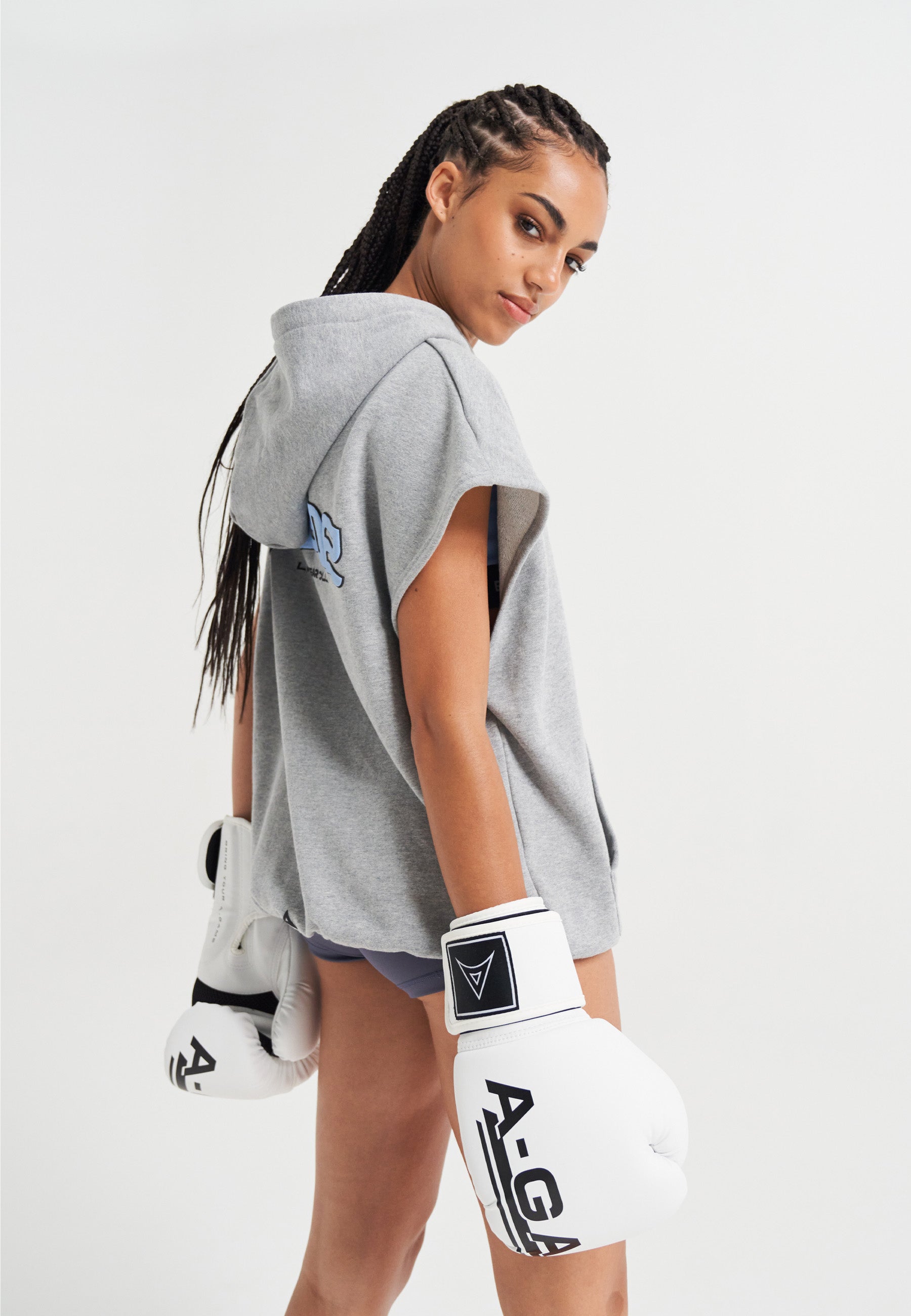 SWEAT À CAPUCHE COURT SANS MANCHES A-GAME ROTATE LOGO POUR FEMME - GRIS CHINE