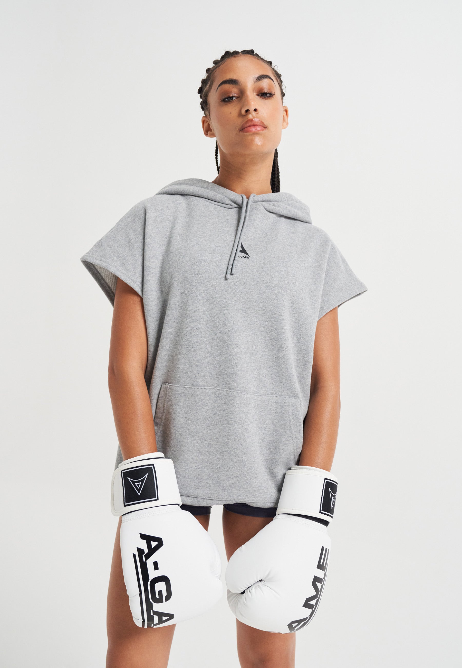 SWEAT À CAPUCHE COURT SANS MANCHES A-GAME ROTATE LOGO POUR FEMME - GRIS CHINE