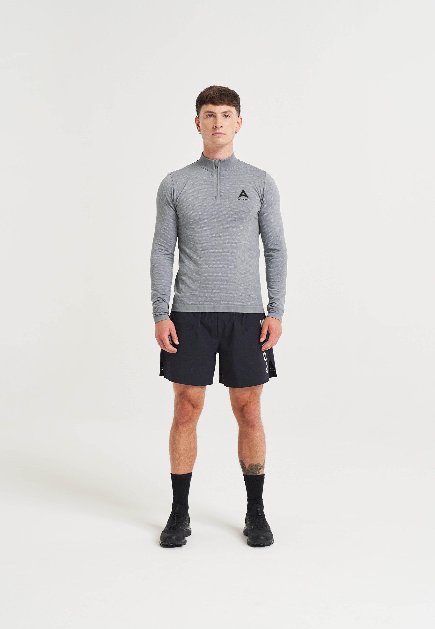 HAUT À MANCHES LONGUES D'ENTRAÎNEMENT AVEC LOGO SANS COUTURE A-GAME POUR HOMMES - GRIS ACIER