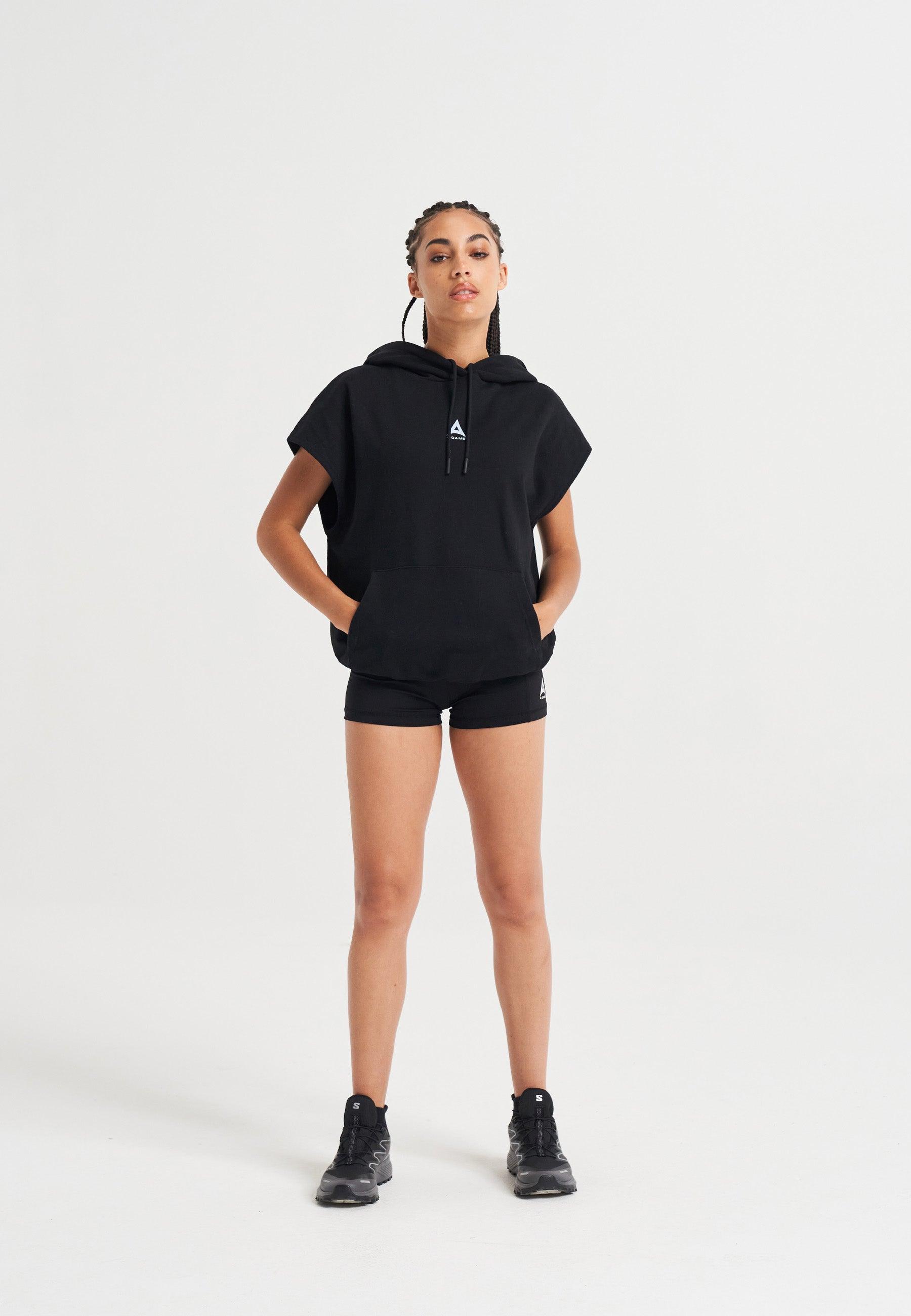 Felpa con cappuccio corta senza maniche con logo A-Game Rotate da donna - Nera